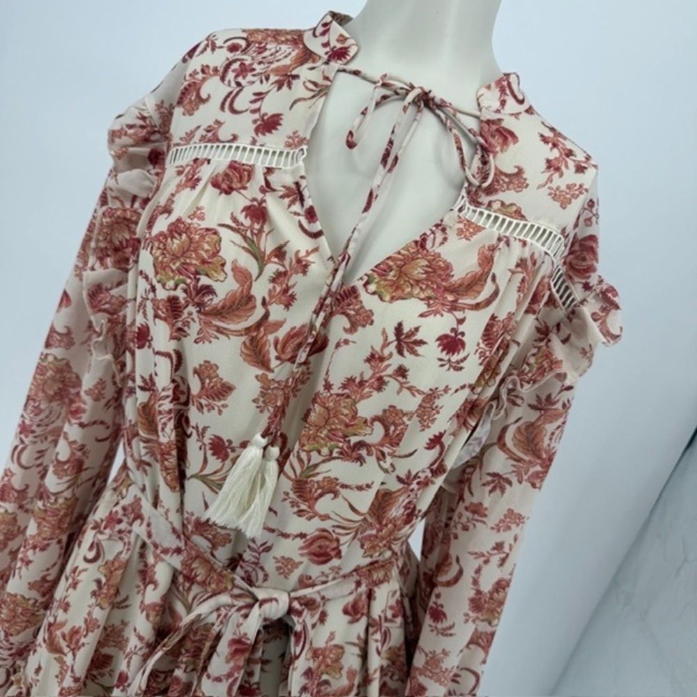 Lovecolette Floral Paisley Boho Mini Dress Cream Terracotta Long Sleeve Small